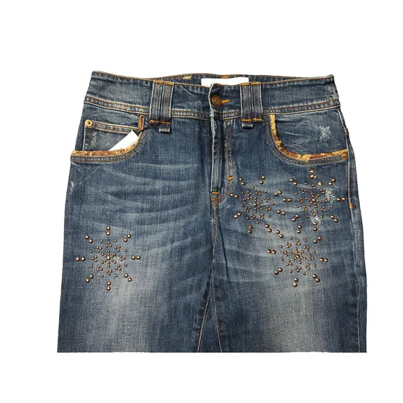 John Galliano Distressed Blue Jeans Embellished Bronze Studded Snow Flakes Sz 26